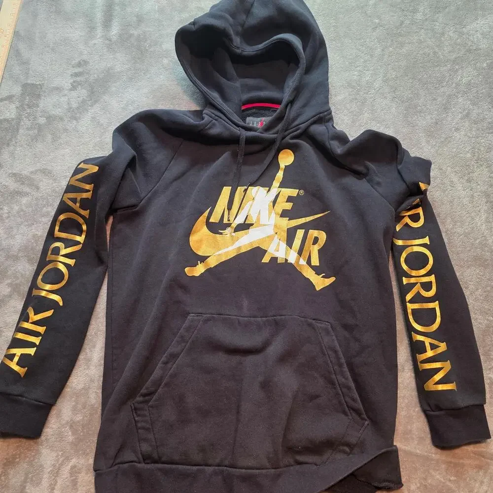 Air Jordan Hoodie Mens L Black Nike Air Jumpman Gold Logo Sleeve Print Fleece